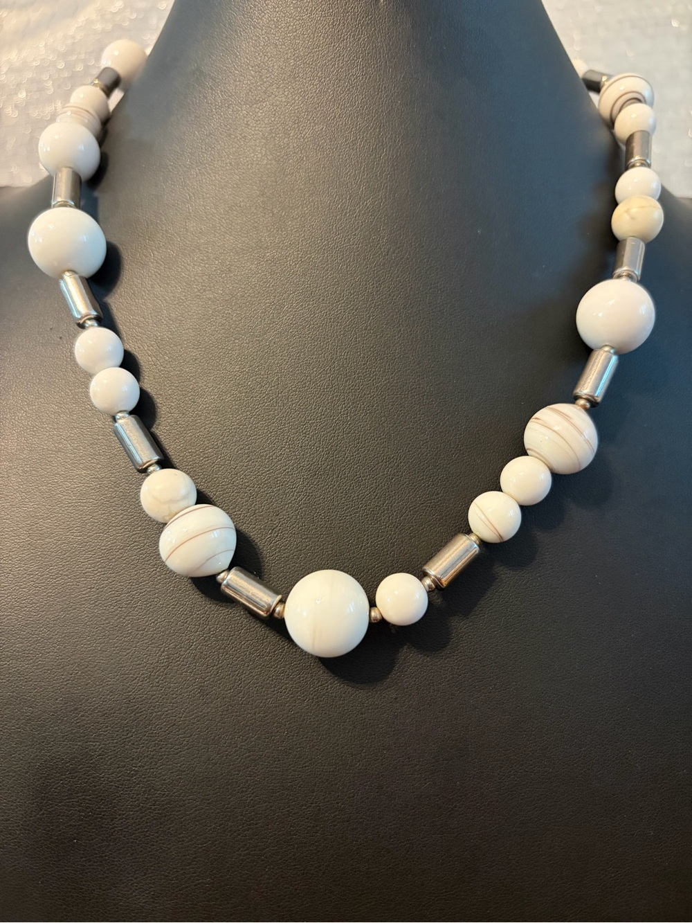 White Bead Necklace with Silver Accents - Classic Women’s Jewelry